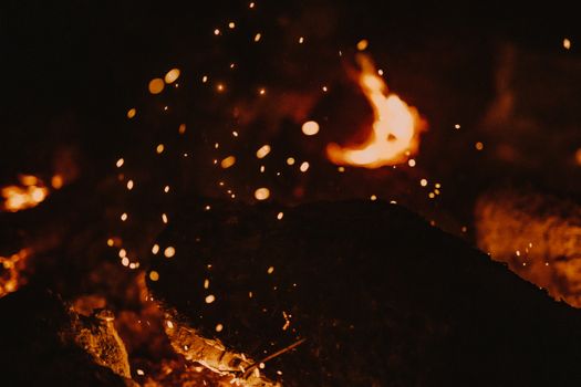 Captivating close-up of campfire flames and rising sparks against a dark backdrop.
