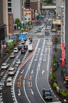 Street view of a bustling urban area with multiple lanes and busy traffic at daytime.