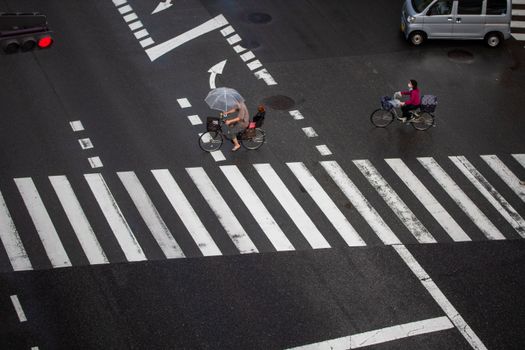 Cyclists navigate a rainy city crosswalk with umbrellas for protection.