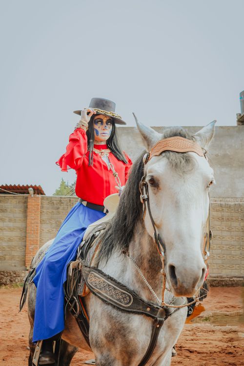 Free Woman in traditional Dia de los Muertos makeup on a horse, wearing a hat. Stock Photo