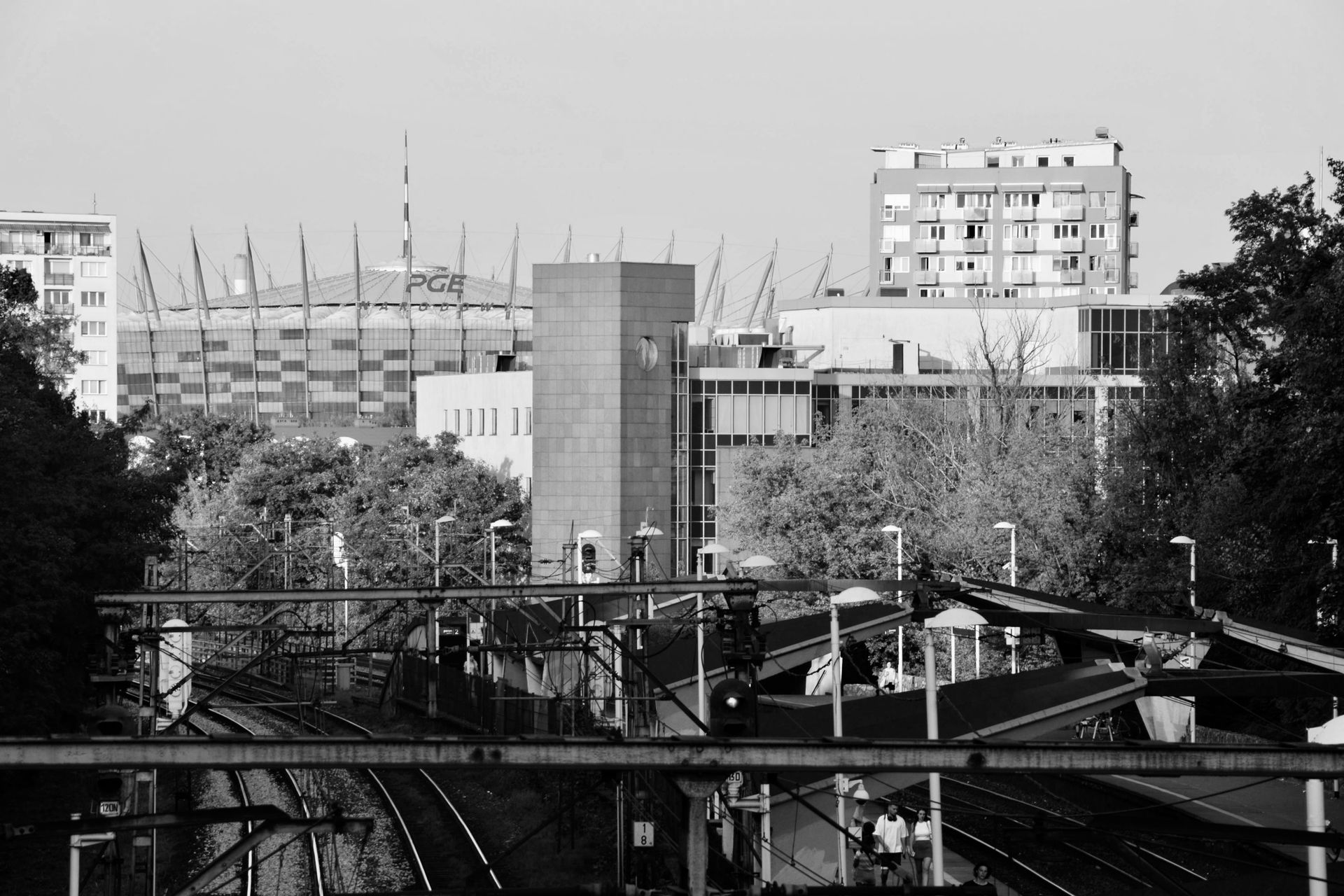 Black and white view of PGE National Stadium and railway in Warsaw, Poland.