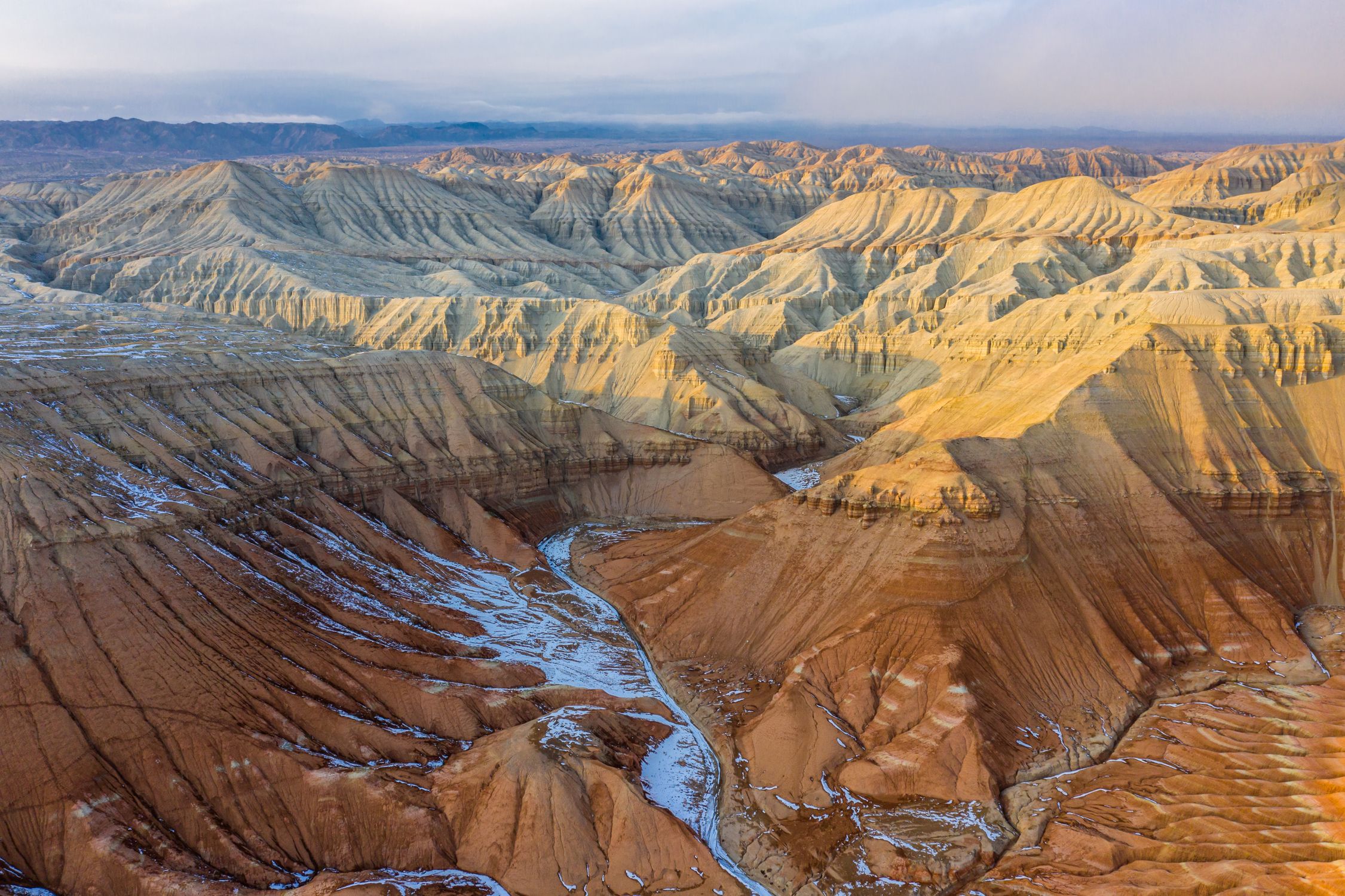 Eroded canyon badlands at sunset in the Almaty region of Kazakhstan