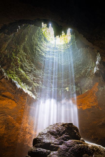 Dramatic sun rays illuminate the interior of Jomblang Cave in Indonesia.