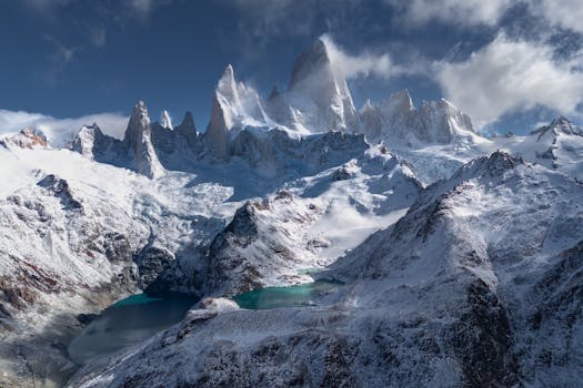 Snow-covered Fitz Roy in Argentina offers stunning winter alpine scenery.