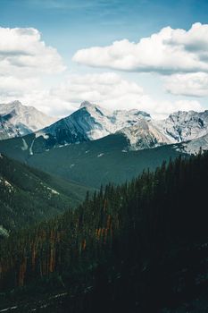 Breathtaking view of the Rocky Mountains in Banff, Canada, showcasing lush forests and towering peaks.