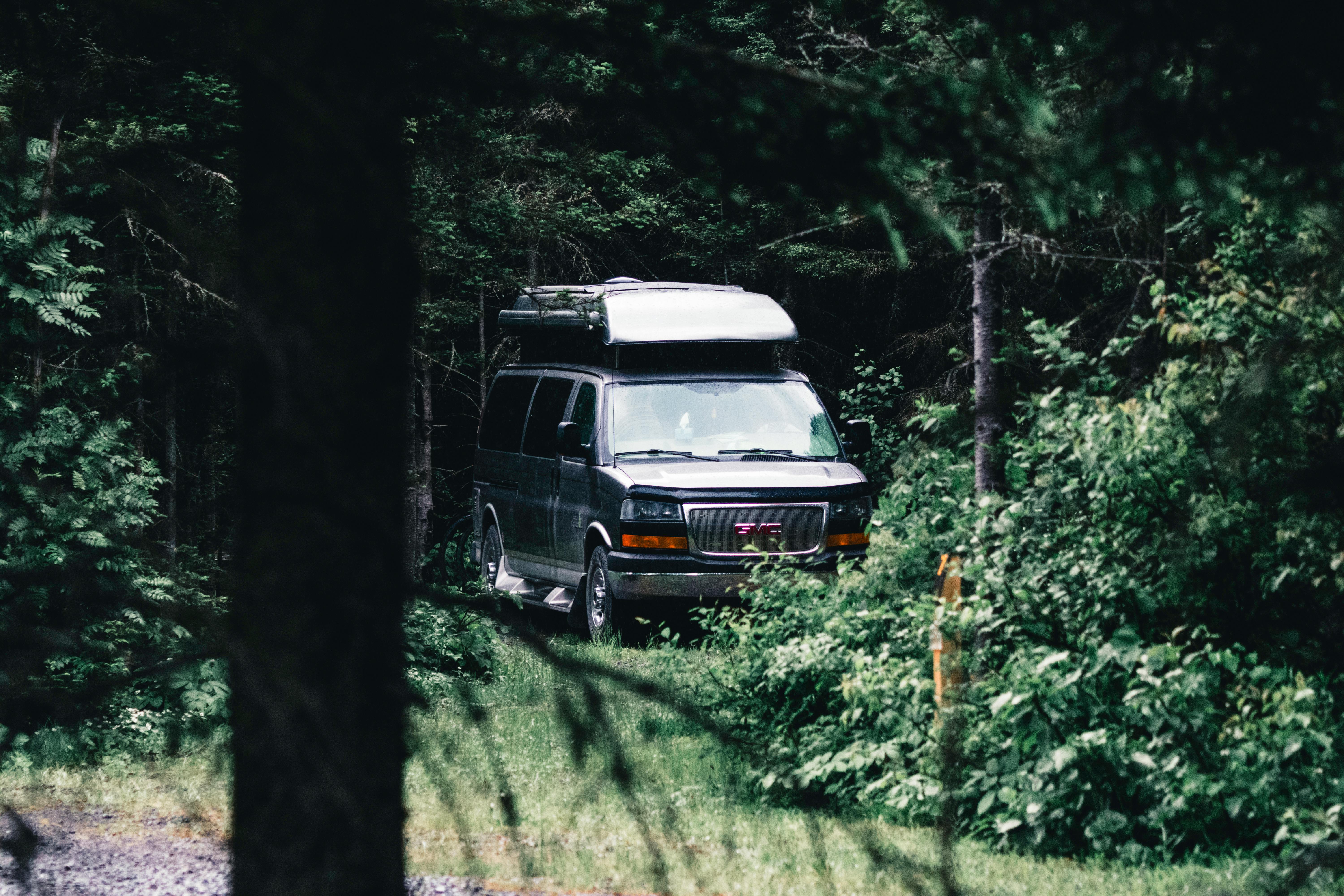 A gray camper van parked amidst lush greenery in Gaspé, Quebec, Canada.