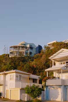 Hillside houses basking in golden hour sunlight in Currumbin, Australia.