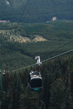 Cable car travels over lush forest in Banff, offering stunning views of the national park.