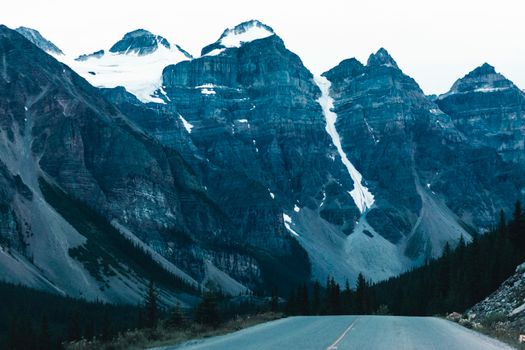 Scenic landscape of the majestic Rocky Mountains in Banff, Alberta, Canada.