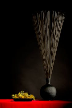 一张红色桌子上，摆着一个深色花瓶，里面插着木棍，呈现极简主义静物风格