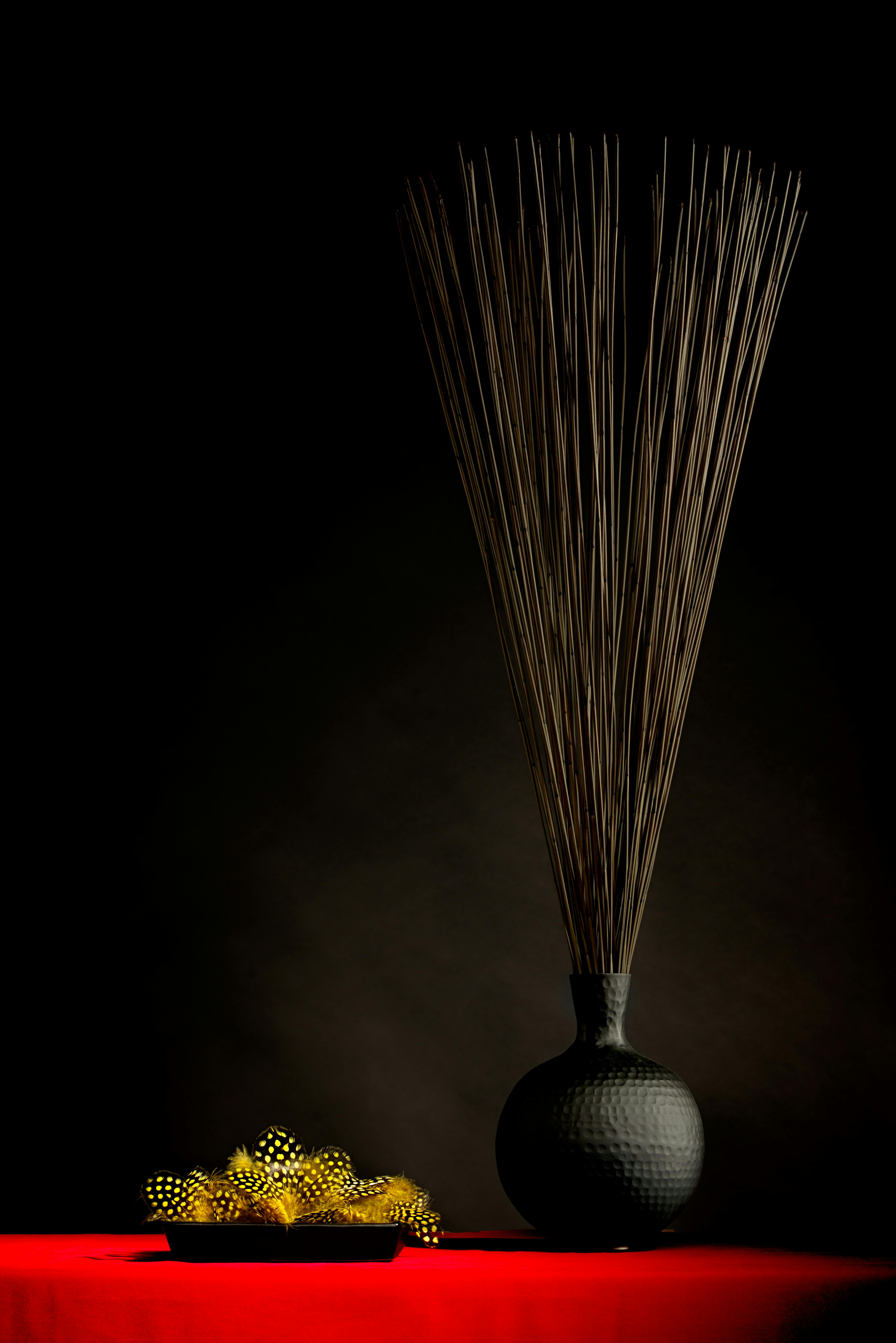 Decorative Black Ceramic Vase With Sticks On A Table