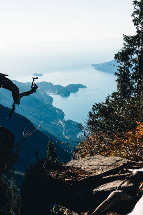 Free A breathtaking aerial view of Gibsons, BC coastline with lush forests and clear waters. Stock Photo