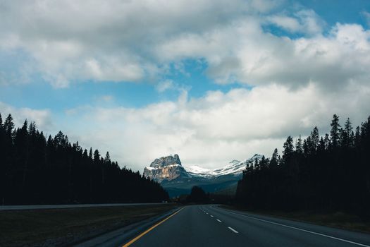 Majestic mountain landscape viewed from a highway in Jasper National Park, Alberta, Canada.