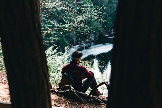 A man sits by a lake, surrounded by trees and nature in Algonquin Park, Canada.