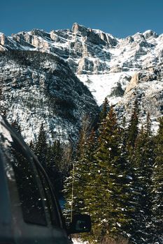 Majestic snowy mountain view in Glacier National Park, BC with tall pine trees.
