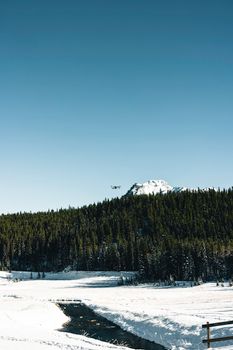 Scenic winter view of snowy Glacier National Park in Canada with clear blue sky.