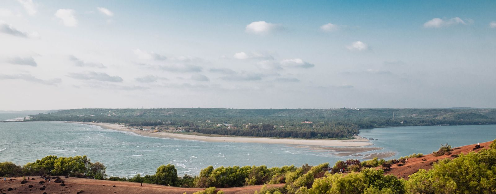 A picturesque view of Mandrem Beach with lush greenery and blue sky in Goa, India.