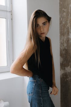 Portrait of a young woman posing in a minimalist fashion style, wearing casual attire indoors.
