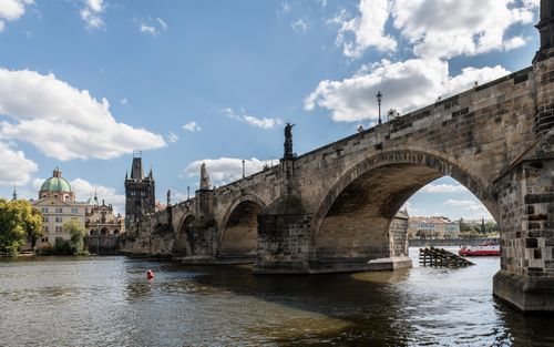 Free A scenic view of the historic Charles Bridge crossing the Vltava River in Prague. Stock Photo