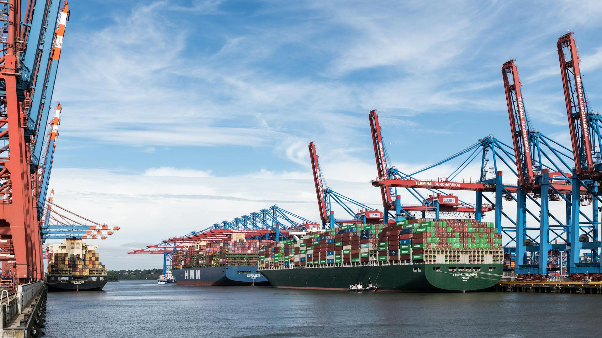 Large container ships docked at Hamburg's bustling industrial port under a clear sky.