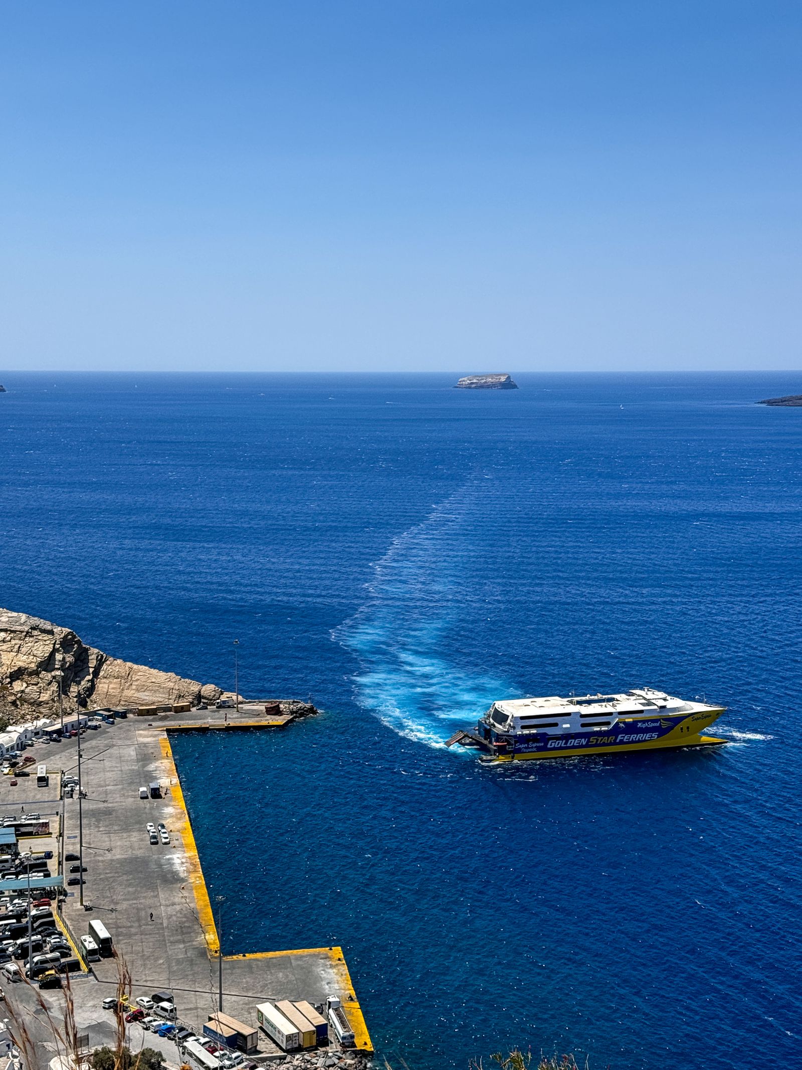 Blue Star ferry leaving Santorini in Greece