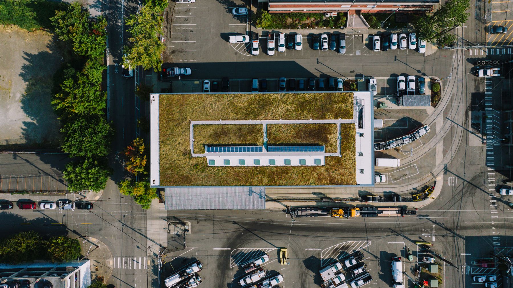 Aerial view of solar panels and vegetation on a building rooftop.