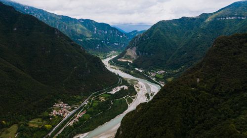 Free Stunning aerial shot of Setteville valley with river and mountains in Veneto, Italy. Stock Photo