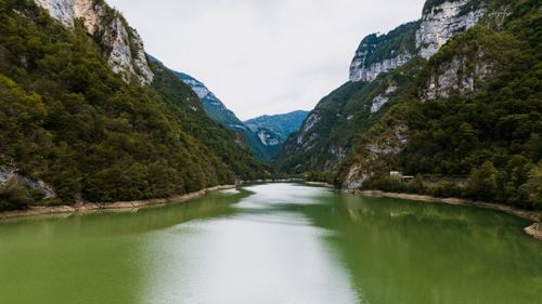 Free A breathtaking view of a river cutting through a lush green canyon in Imer, Trentino-Alto Adige, Italy. Stock Photo