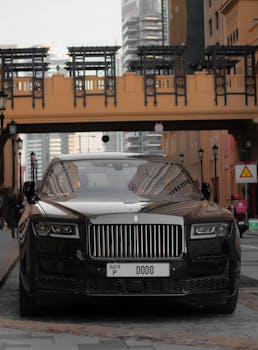 Front view of a Rolls-Royce parked in a modern cityscape, showcasing luxury and elegance.