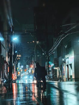 A man cycling through the rainy, illuminated streets of Tokyo at night, reflecting urban life.