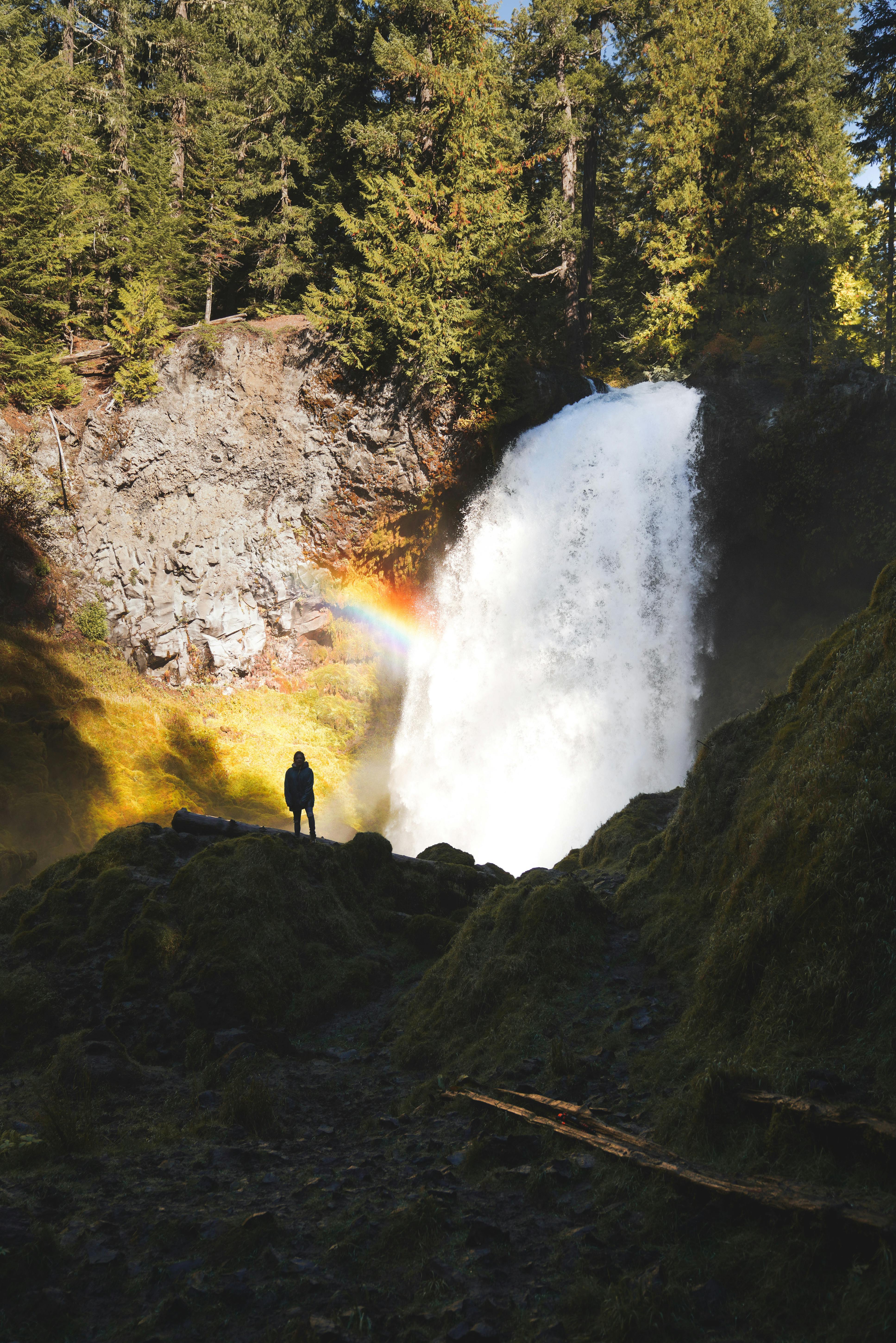 徒步旅行者站在瀑布前，郁郁葱葱的森林环境中有一道令人惊叹的彩虹