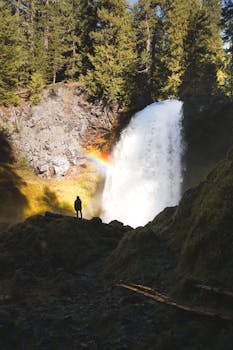 徒步旅行者站在瀑布前，郁郁葱葱的森林环境中有一道令人惊叹的彩虹