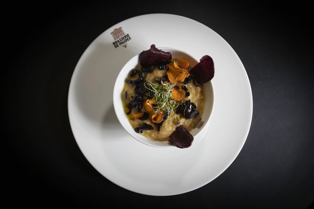 A bowl of gourmet porridge garnished with sprouts and sliced root vegetables on a white plate.