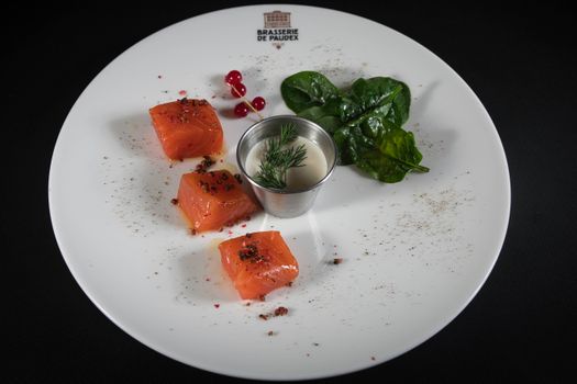 Elegant salmon cubes with spinach and dill on a restaurant plate.