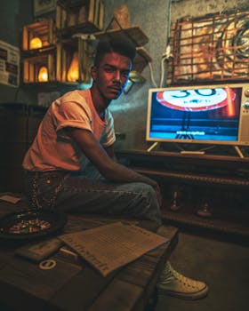 在温暖的色调中，男人坐在复古风格的房间里看电视