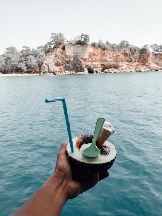 Person Holding Dessert Near Body of Water