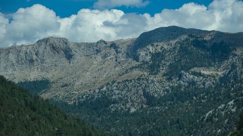 Free Panoramic view of a rocky mountain range under a vibrant blue sky. Stock Photo