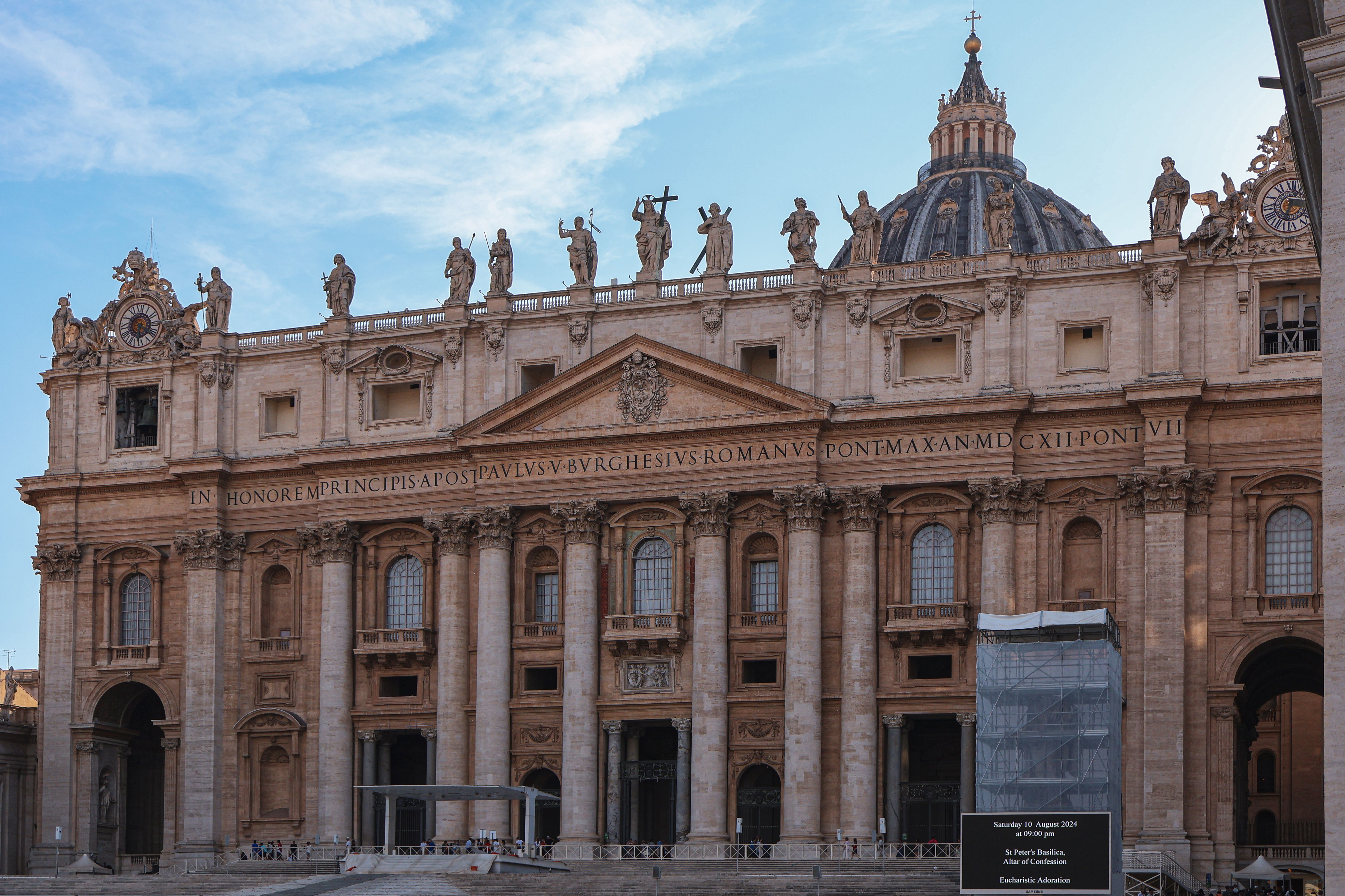 Front view of St. Peter's Basilica showcasing its stunning architecture in Vatican City.