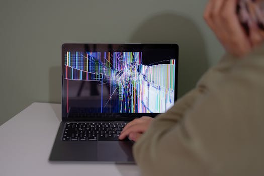 Individual viewing a laptop displaying a cracked and colorful digital screen indoors.