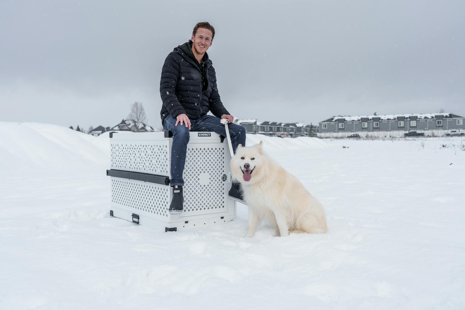 En hundskåp i snön: en sibirisk husky och en manlig ägare