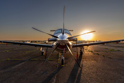 Beautiful airplane on Sylt runway with sunset backdrop, capturing aviation elegance.