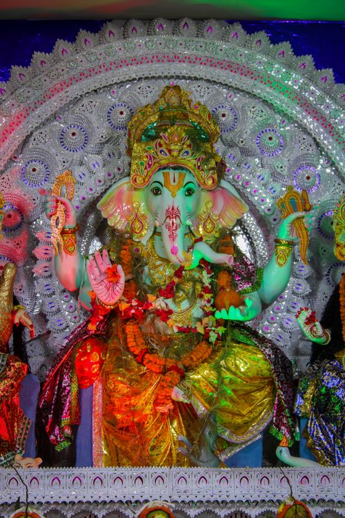 Free Colorful statue of Lord Ganesh adorned during Ganesh Chaturthi festival celebration. Stock Photo