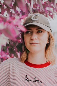 一位穿着休闲服装的年轻女子微笑着，背景是粉红色的花朵