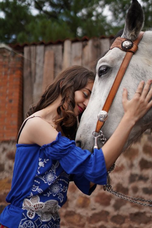 Free Woman in blue dress lovingly embraces a white horse outdoors. Stock Photo