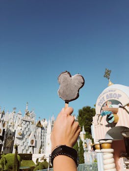 在阿纳海姆迪士尼乐园，手拿美味的米奇冰淇淋，享受阳光明媚的一天