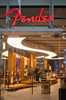 Explore the iconic Fender store in Tokyo with its vibrant showcase of electric guitars and modern interior design.