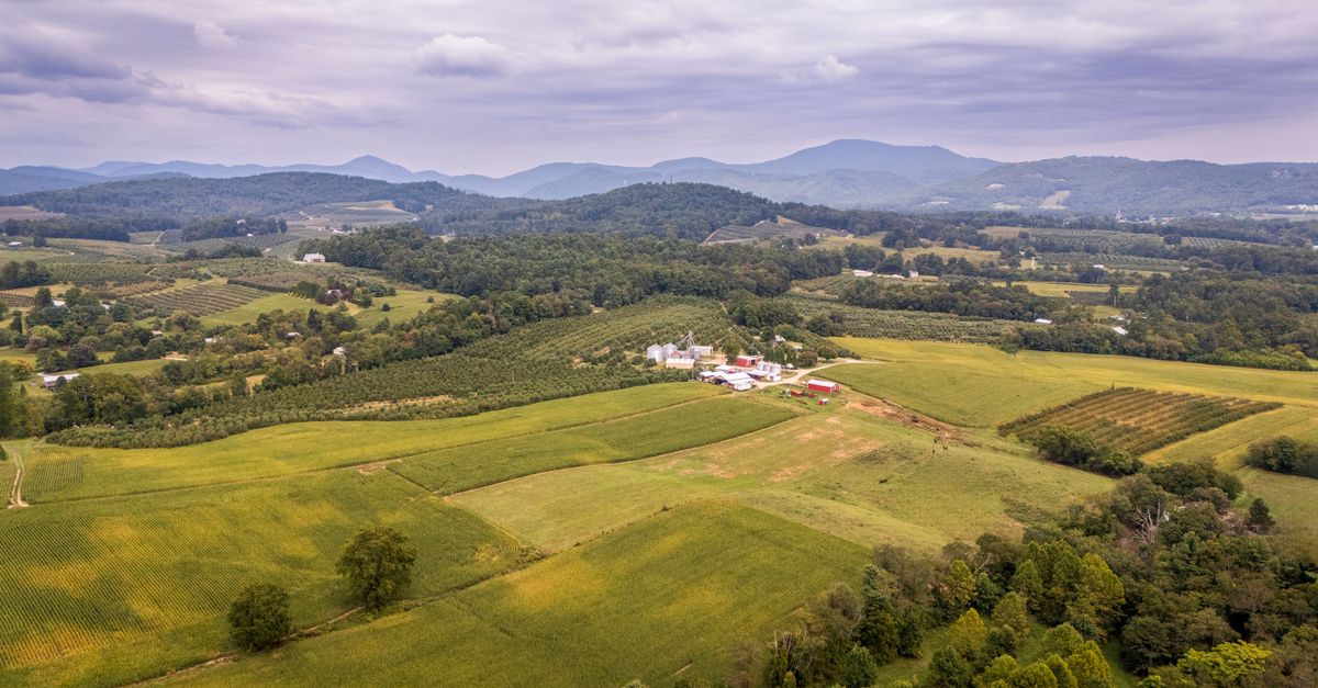 Stunning aerial view of the picturesque green landscape and rolling hills in North Carolina, USA.