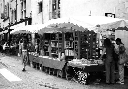 Free Black and white photo of a lively street book market in Nancy, France with people browsing. Stock Photo