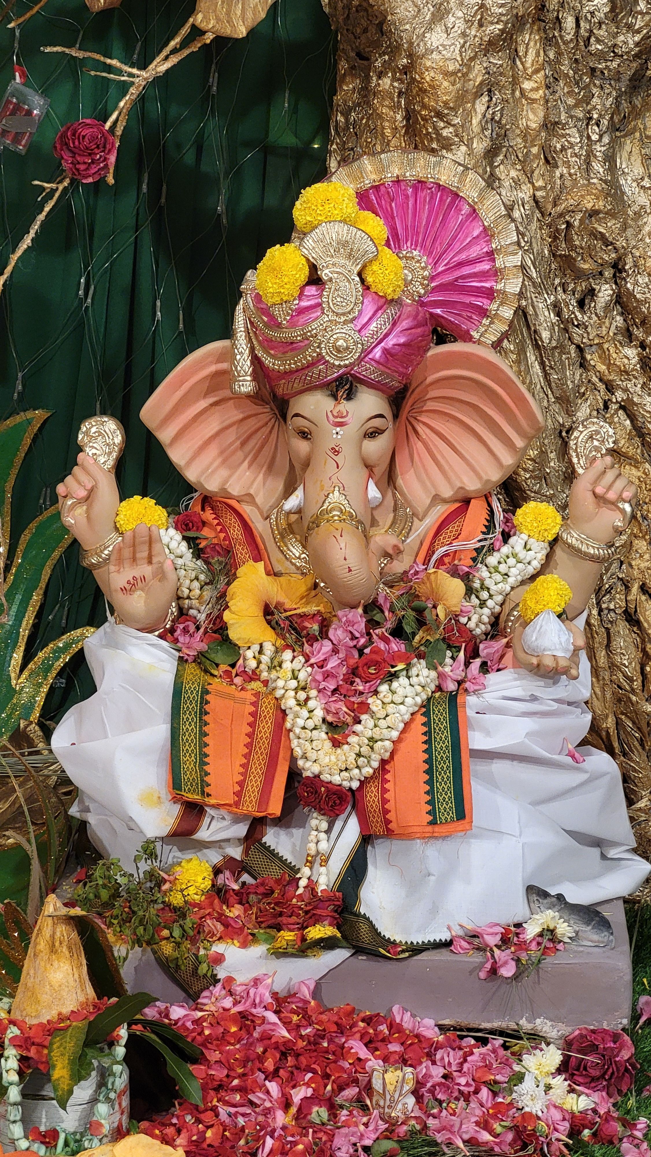 Intricately decorated Ganesh idol during Ganesh Chaturthi festival in Mumbai, India.