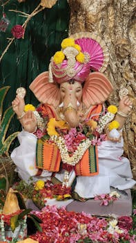 Intricately decorated Ganesh idol during Ganesh Chaturthi festival in Mumbai, India.